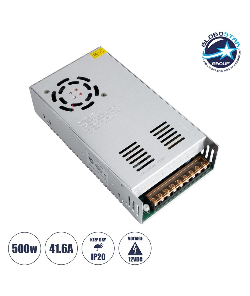 GloboStar® 73038 Μεταλλικό Τροφοδοτικό PELV για Προϊόντα LED 500W 41.6A - AC 220-240V σε DC 12V - IP20 Μ21 x Π11 x Υ5cm - 2 Χρόνια Εγγύηση